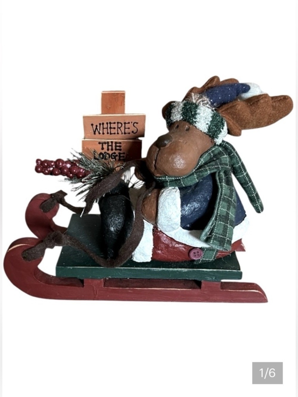 Moose Figure on Wooden Sleigh Where’s the Lodge Statue Vintage